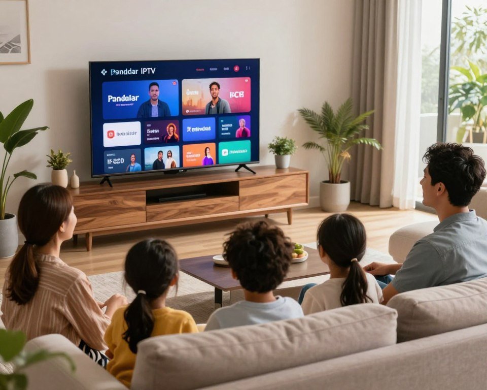 A modern, technologically advanced living room setting, showcasing a sleek, high-definition television displaying vibrant, high-quality IPTV streams. In the foreground, a happy family of diverse backgrounds, dressed in casual but tidy clothing, is sitting on a comfortable sofa, all focused on the screen. The middle ground features polished wooden furniture and decorative plants that add warmth. The background shows large windows with natural light pouring in, creating a bright, inviting atmosphere. Soft, ambient lighting enhances the scene, evoking a sense of comfort and enjoyment. The overall mood is cozy and modern, reflecting the benefits of using Pandora IPTV for family entertainment.