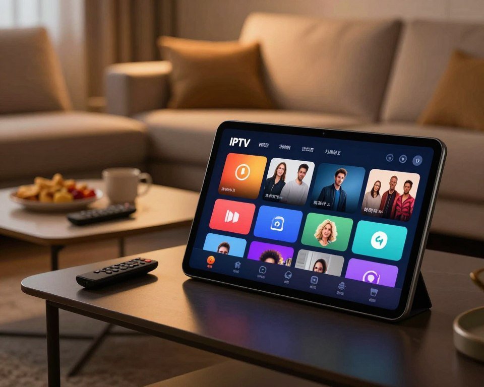 A modern, user-friendly IPTV app interface displayed on a sleek digital device, set against a softly lit living room background. The foreground shows the device screen, highlighting vibrant, colorful icons for channels and user-friendly navigation menus with smooth curves. In the middle, a stylish coffee table holds a remote control and some snacks, creating a cozy atmosphere. A comfortable sofa sits in the background, illuminated by warm ambient lighting that enhances the inviting mood. The overall composition conveys simplicity and accessibility, focusing on ease of use for viewers. The angle of the shot is slightly angled to showcase the interface while maintaining a relaxed, homey feel. No text or overlays are present.
