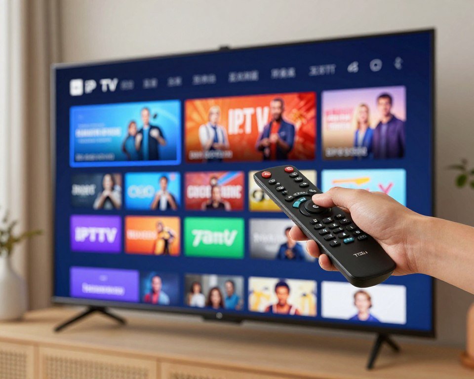 A modern, user-friendly IPTV interface displayed on a sleek, high-definition television screen. The foreground features an engaging, colorful grid of channels and categories, showcasing various streaming options. In the middle, a close-up view of a hand holding a remote control, ready to navigate through the interface, symbolizes ease of use. The background fades into a cozy living room ambiance with soft lighting, creating a warm and inviting atmosphere. The overall composition suggests simplicity and accessibility, highlighting the appeal of set IPTV for users. The scene is captured from a slightly elevated angle, enhancing the view of the interface and emphasizing its modern design. The color palette is vibrant yet balanced, adding to the inviting mood of the image.