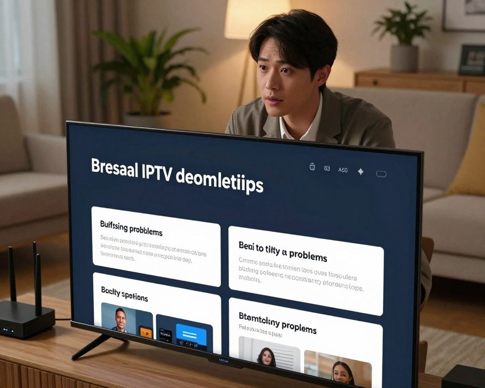 A modern user interface of a streaming application displayed on a sleek smart TV, set in a cozy living room environment. In the foreground, focus on a close-up of the TV screen, showcasing troubleshooting tips and solution strategies for common IPTV issues, such as buffering, connectivity problems, and user-friendly fixes. In the middle ground, a professional individual dressed in business casual attire is examining the screen, with an expression of curiosity and focus. The background features soft, ambient lighting that creates a warm and inviting atmosphere, with a stylish sofa, plants, and a hint of technology like routers and streaming devices. Capture this scene from a slightly elevated angle to give a comprehensive view of the interaction with the IPTV app.
