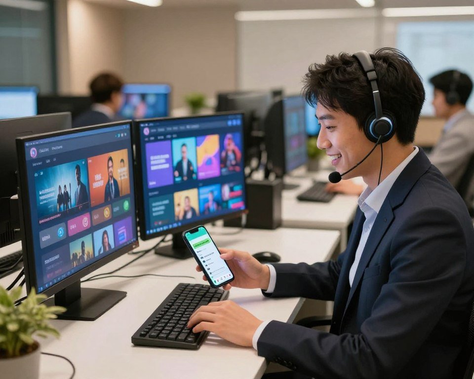 A modern, well-lit customer support center focused on television services. In the foreground, a friendly customer support agent in professional attire is seated at a sleek desk, engaging with a smartphone, showcasing a WhatsApp chat for quick assistance. The agent has a welcoming smile, reflecting readiness to help. In the middle background, multiple screens display various IPTV service options, with vibrant, engaging visuals illustrating available channels and shows. The overall atmosphere is professional yet approachable, with warm, inviting lighting creating a sense of comfort. A subtle blur in the background adds depth, emphasizing the customer support focus while ensuring the scene remains uncluttered. The angle is slightly tilted from above, giving a dynamic view of the interaction and the high-tech environment.