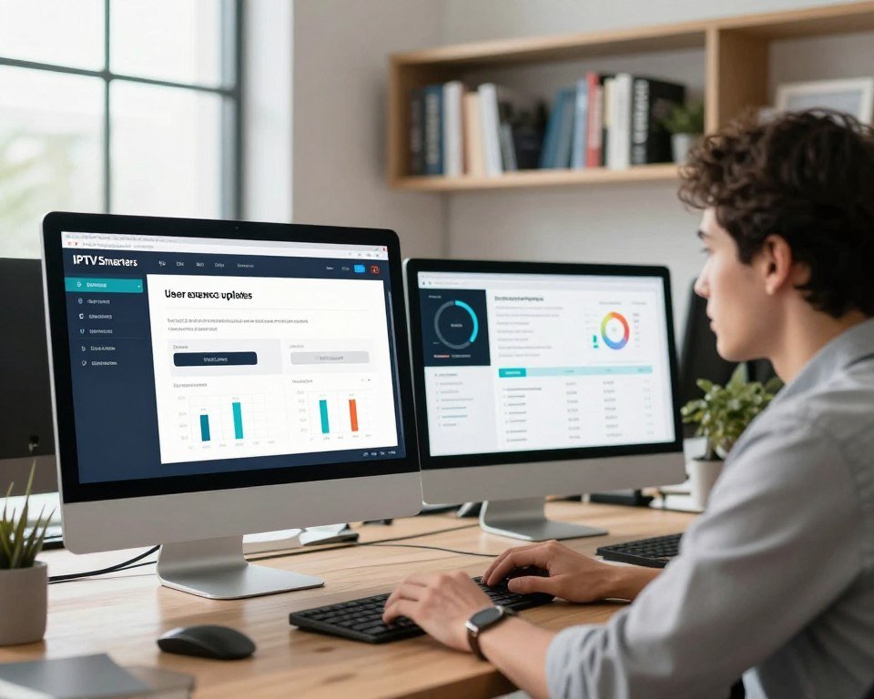 A modern, well-lit office space featuring a sleek desktop computer displaying the IPTV Smarters Player interface on the screen. In the foreground, a professional wearing business casual attire is engaged in reviewing user experience and performance updates, focused and analytical. In the middle ground, various performance metrics and user feedback charts are prominently displayed on the computer screen in a visually appealing layout. The background shows a stylish bookshelf filled with tech-related books and a large window allowing natural light to stream in, creating a bright and inspiring atmosphere. The image conveys a sense of productivity, innovation, and professionalism, highlighting the importance of user experience in technology.