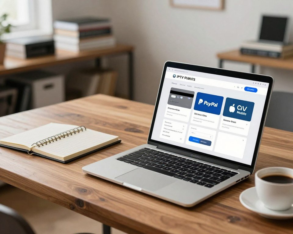 A modern workspace featuring a professional setting, showcasing a collection of subscription payment options related to IPTV services. In the foreground, display a sleek laptop screen displaying various subscription plans and payment methods, with icons representing credit cards, PayPal, and mobile payments. In the middle, arrange a stylish wooden desk with a neatly organized notepad and a cup of coffee, highlighting an atmosphere of productivity and decision-making. The background should softly blur a well-lit room with shelves stacked with books on technology and media. Utilize soft, natural lighting to create a warm and inviting mood, capturing a sense of focus and clarity in the midst of analyzing digital entertainment choices. A slight overhead angle will enhance the composition and draw attention to the subscription options being evaluated.