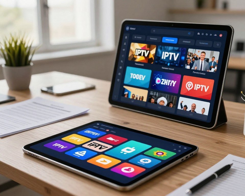 A modern workspace featuring a sleek digital interface showcasing a variety of IPTV subscription options, arranged in an organized grid layout. The foreground displays a close-up of a tablet with vibrant, colorful icons representing different IPTV packages. The middle ground features a stylish desk with a laptop, surrounded by documents and a potted plant for a professional touch. In the background, a softly illuminated room with a large window allows natural light to flood in, creating a warm and inviting atmosphere. The overall mood should convey a sense of reliability and innovation in television viewing. Shot from a slightly elevated angle to highlight the screen while maintaining depth, with soft shadows to enhance the visual appeal.