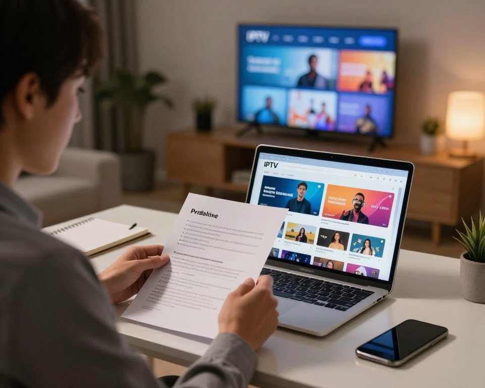A modern workspace setting featuring a professional individual in business attire, seated at a sleek desk with a laptop open, immersed in IPTV platform guidelines. The foreground highlights the individual reading user-friendly instructional materials, surrounded by helpful tools like a notepad and smartphone. In the middle ground, display vibrant visuals of IPTV interfaces on the laptop screen, showcasing various service options with intuitive layouts. The background includes a softly lit room with a wall-mounted TV displaying an IPTV service in use, creating a cozy atmosphere. The lighting is warm and inviting, emulating a productive and supportive environment, accentuated by soft shadows that suggest depth and focus on usability and guidance.