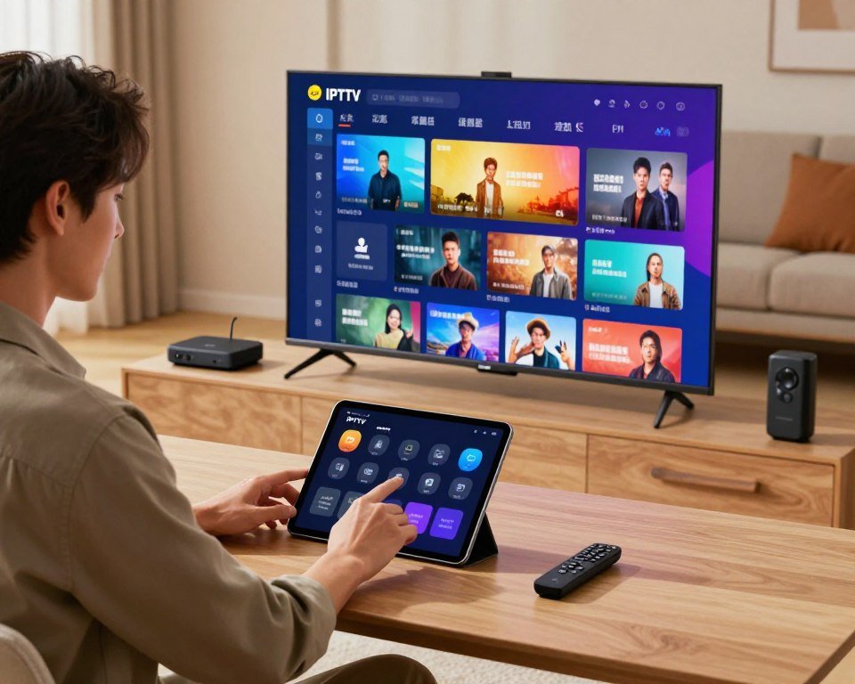 A modern workspace showcasing a sleek tablet and smart TV displaying a colorful IPTV playlist interface. In the foreground, a confident professional in smart casual attire interacts with a tablet, managing device settings. The middle layer features a smart TV with a vibrant playlist visually represented, complete with icons and thumbnails of shows and movies, and various devices like a streaming box and remote scattered nearby. The background consists of a well-lit, contemporary home environment with stylish furniture and warm lighting, creating an inviting atmosphere. Emphasize crisp details and a sense of focus on the configuration aspect, using a slightly angled perspective to add depth to the scene, capturing the essence of setting up IPTV devices and managing playlists.