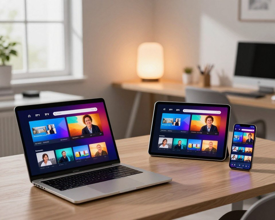A modern workspace showcasing multi-device compatibility for streaming IPTV. In the foreground, a sleek laptop with a vibrant screen displaying an IPTV interface, next to a tablet and a smartphone, all showing the same content in perfect synchronization. The middle layer features a stylish desk setup with minimalistic decor, including a soft glow from a desk lamp, creating a cozy and professional atmosphere. In the background, a large window allows natural light to illuminate the room, casting gentle shadows on the walls. The entire scene should evoke a sense of ease and convenience, emphasizing seamless connectivity and user-friendly technology, captured from a slightly elevated angle to provide depth and perspective.