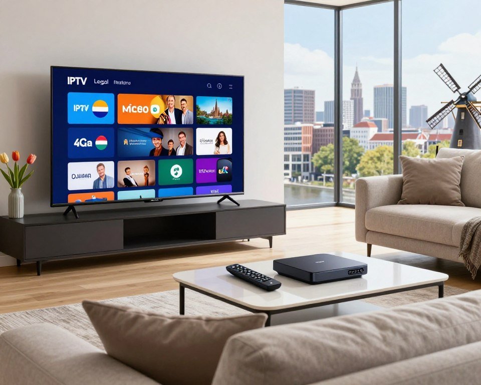 A professional and modern living room setting that embodies the concept of legal IPTV in the Netherlands. In the foreground, a sleek flat-screen TV displays a vibrant interface, complete with icons representing various legitimate streaming services. A comfortable couch, adorned with neutral-colored cushions, sits invitingly, emphasizing a cozy atmosphere. In the middle, a stylish coffee table holds a remote control and an IPTV set-top box, showcasing technology's integration into daily life. The background features large windows allowing natural light to brighten the space, highlighting a lively Dutch city skyline. The overall mood is secure and welcoming, suggesting the safe enjoyment of IPTV while subtly incorporating elements of Dutch culture, such as a decorative windmill or tulips in a vase.