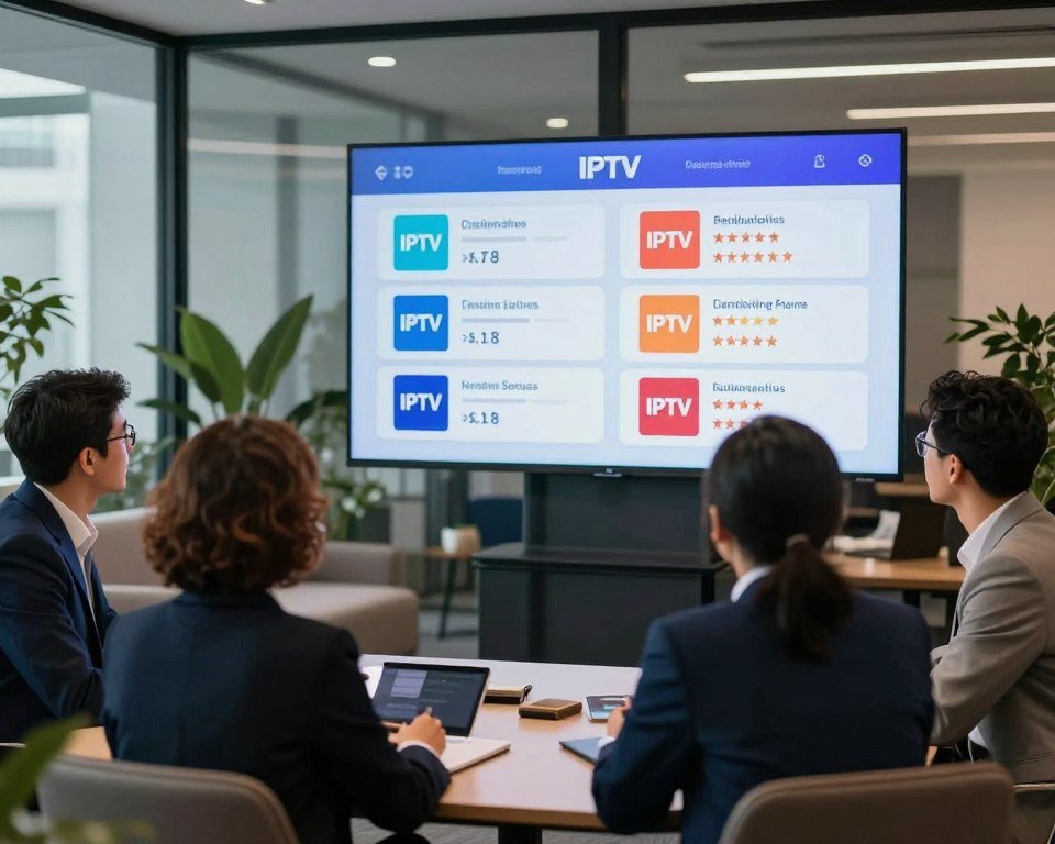 A professional and modern office setting displaying various legal IPTV provider logos on sleek digital screens. In the foreground, a diverse group of businesspeople in professional attire discuss the comparison of IPTV services, showcasing a mix of genders and ethnicities. The middle ground features a large screen displaying graphical comparisons of IPTV features, prices, and customer ratings, illuminated with bright, engaging colors. The background consists of a contemporary office space with glass walls, plants, and comfortable seating, giving a sense of an innovative, tech-savvy environment. The overall atmosphere is informative and collaborative, with soft lighting emphasizing a productive mood, captured with a slight depth of field to focus on the discussion while blurring the background lightly.