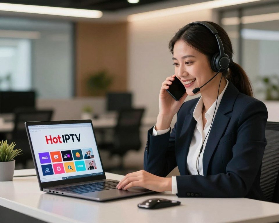 A professional customer service representative wearing business attire sits at a sleek modern desk, engaging in a friendly conversation on their smartphone, symbolizing support for "Hot IPTV" activation. The foreground features the representative focused on the phone, with a bright smile reflecting helpfulness. In the middle, an open laptop displays the "Hot IPTV" logo alongside vibrant icons representing various TV channels and streaming services. The background portrays a contemporary office space with soft, ambient lighting, creating a warm and welcoming atmosphere. The scene is captured from a slightly elevated angle, emphasizing the connection between the representative and the technology while evoking a sense of trust and support. The overall mood is professional and approachable, embodying the essence of customer assistance.