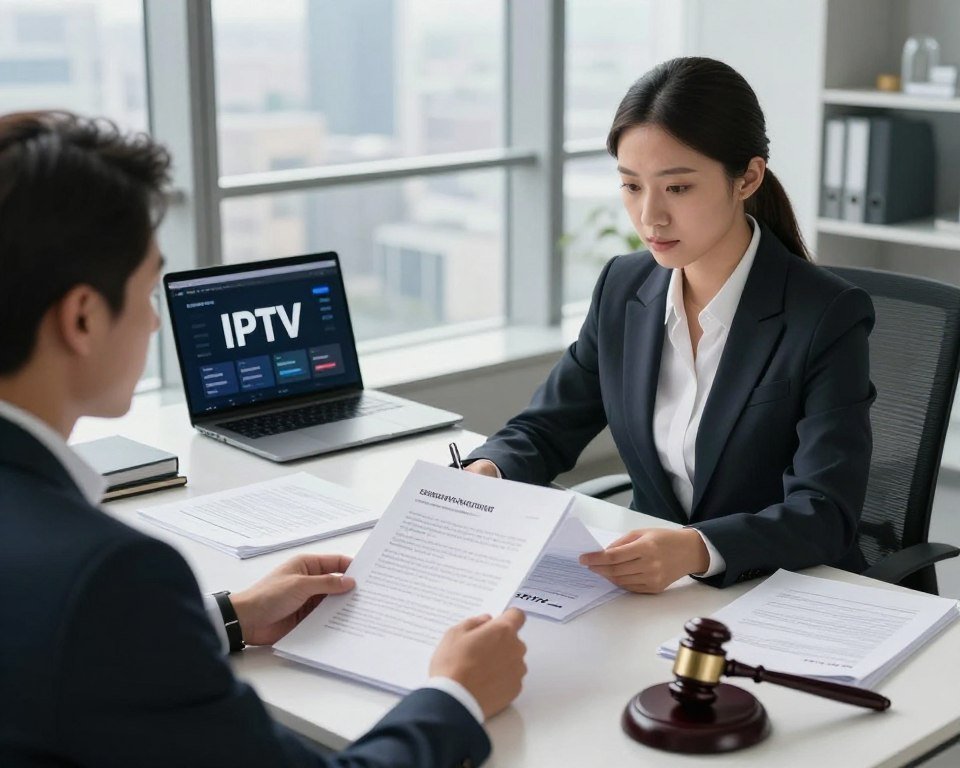 A professional office setting focused on legal considerations surrounding IPTV. In the foreground, a confident lawyer, dressed in a sharp business suit, is reviewing legal documents related to IPTV regulations. The middle layer features a sleek, modern desk with a laptop displaying IPTV interfaces, surrounded by scattered legal briefs and a gavel. In the background, large windows let in natural light, illuminating a cityscape. The atmosphere is serious yet proactive, conveying a sense of importance and responsibility in understanding the legal implications of IPTV usage. The lighting is bright and soft to enhance clarity, and the scene is captured from a slightly elevated angle to encompass the entire workspace.