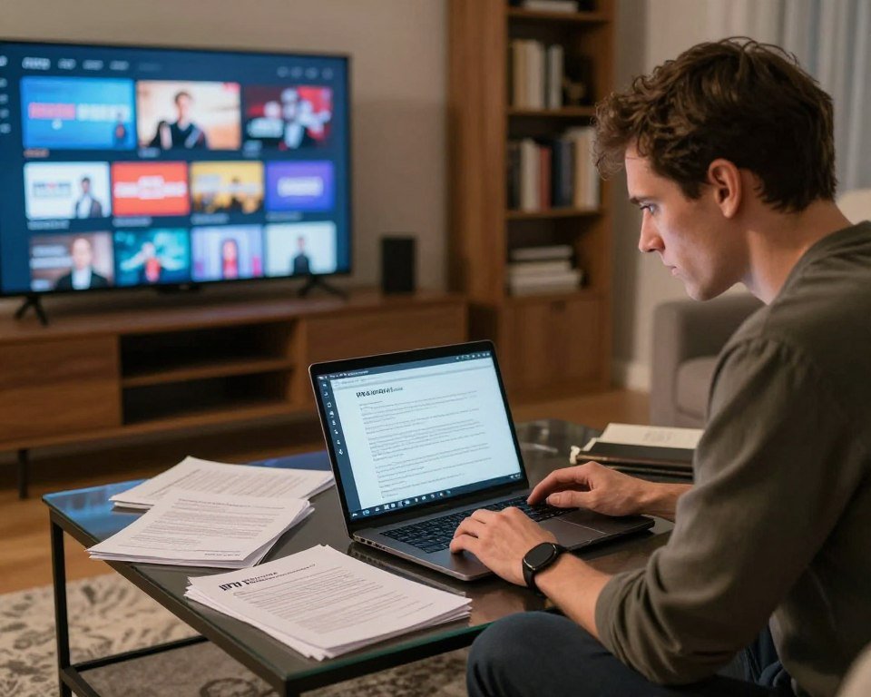 A professional setting depicting a concerned individual in their living room, meticulously researching legal IPTV options on a laptop. The foreground features the individual, a person in smart casual attire, with an expression of focus and determination. The middle ground shows a stylish, modern coffee table cluttered with legal documents and guides about IPTV laws, alongside a sleek television displaying various streaming options in the background. Soft, warm lighting enhances the atmosphere of seriousness and reflection, while a bookshelf filled with legal texts and media in the background adds depth. The scene is composed from a slightly elevated angle, providing a comprehensive view of the individual’s efforts to avoid penalties related to IPTV use in the Netherlands.