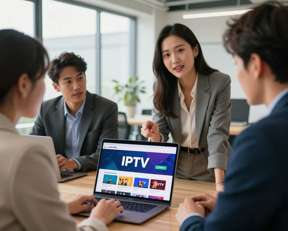 A professional setting depicting a diverse group of people engaged in a discussion about IPTV services. In the foreground, a laptop displays a vibrant interface showcasing IPTV subscription options. The middle ground features a confident, business-professional woman pointing at the screen, while two colleagues, a man in a suit and a woman in smart casual attire, listen attentively. The background features a modern office space with large windows letting in natural light, creating a bright and inviting atmosphere. Emphasize a warm, collaborative vibe with soft lighting, capturing the essence of trust and reliability in IPTV services. The angle should be slightly elevated, focusing on the interaction around the laptop, without any text or branding elements visible, creating an engaging and informative scene.