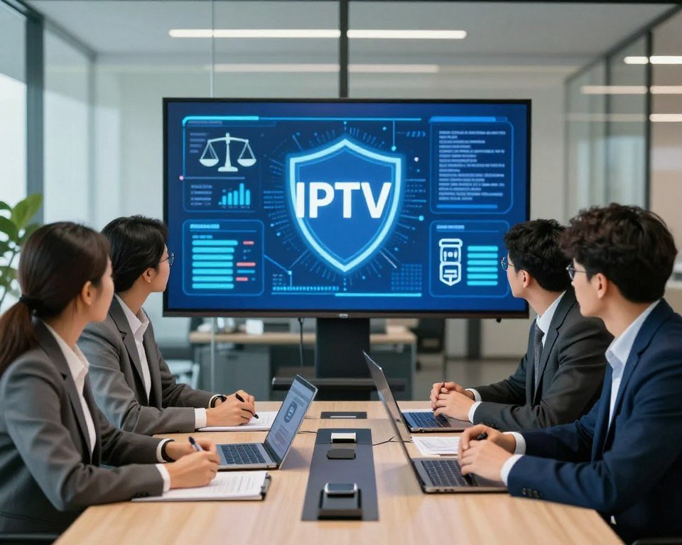 A professional setting focusing on safety and legal considerations in IPTV. In the foreground, a diverse group of three professionals, a woman and two men, dressed in business attire, are engaged in a discussion around a conference table. They are surrounded by documents, laptops, and digital devices symbolizing technology and compliance. The middle ground features a large screen displaying data protection graphics and legal icons, such as scales and shields, representing safety regulations. The background is a modern office environment with glass walls, soft natural light filtering in, creating a bright and inviting atmosphere. The overall mood is collaborative and focused, emphasizing the importance of safety and legal considerations in IPTV services.