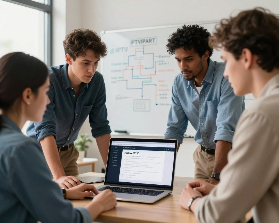 A professional support setting focused on problem-solving for IPTV users. In the foreground, a diverse group of three technicians, dressed in smart casual attire, are engaged in a collaborative discussion over a laptop displaying the Tivimate IPTV Player interface. The middle ground features a modern office space with a large whiteboard filled with flowcharts and troubleshooting steps. In the background, a bright window allows natural light to flood in, creating a calm and inviting atmosphere. The scene should capture a sense of teamwork and innovation, with warm tones and subtle shadows, emphasizing the importance of support and problem resolution in technology. The image should be clear and well-composed, shot from an eye-level angle to provide an immersive view.
