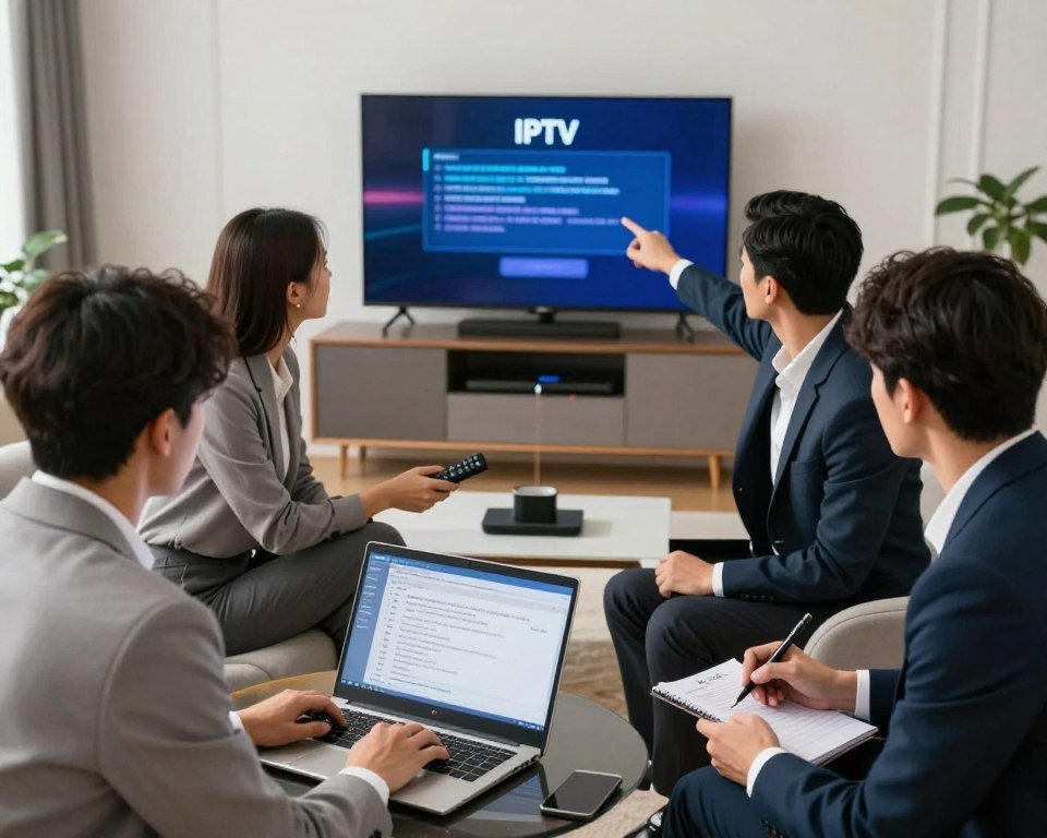 A professional tech support scene illustrating common IPTV issues and solutions. In the foreground, a diverse group of four people in business attire, focused on troubleshooting an IPTV setup, with one person using a laptop displaying a diagnostic tool. The second person is holding a remote control, showing confusion, while the third is pointing at a television screen displaying an error message. The fourth individual is taking notes. In the background, a modern living room setup, featuring sleek furniture and a wall-mounted TV with various gadgets. The lighting is bright and inviting, suggesting a productive environment. The atmosphere is one of collaboration and problem-solving, emphasizing teamwork in addressing technical glitches.