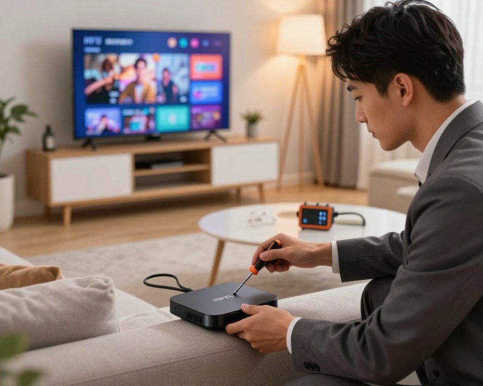 A professional technician in business attire is installing a modern IPTV box in a cozy living room filled with contemporary furniture. In the foreground, focus on the technician engaging with the device, showcasing tools like a screwdriver and signal meter. The middle ground features a cozy sofa and a sleek entertainment center with a large television displaying colorful content. In the background, a well-lit space with soft, warm lighting creates a welcoming atmosphere, suggesting a futuristic yet comfortable home environment. The scene captures a moment of technical support, highlighting the installation process. Use a clean lens with a slight depth of field to emphasize both the technician and the IPTV equipment, conveying a mood of professionalism and efficiency.