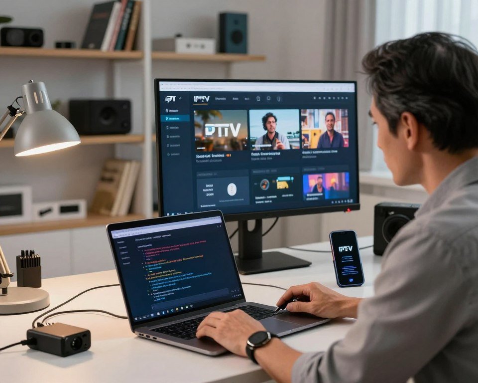 A professional technician troubleshooting IPTV streaming issues in a modern home office environment. In the foreground, the technician, a middle-aged individual in business casual attire, is intently examining a laptop screen displaying error messages related to the IPTV service. The middle layer features a large monitor showing a user-friendly IPTV interface, alongside tools like cables and a smartphone for connectivity checks. The background includes shelves filled with tech books and gadgets, with soft lighting from a desk lamp creating a focused atmosphere. The mood is one of determination and problem-solving, with a clean, organized workspace that emphasizes professionalism and expertise in technology.