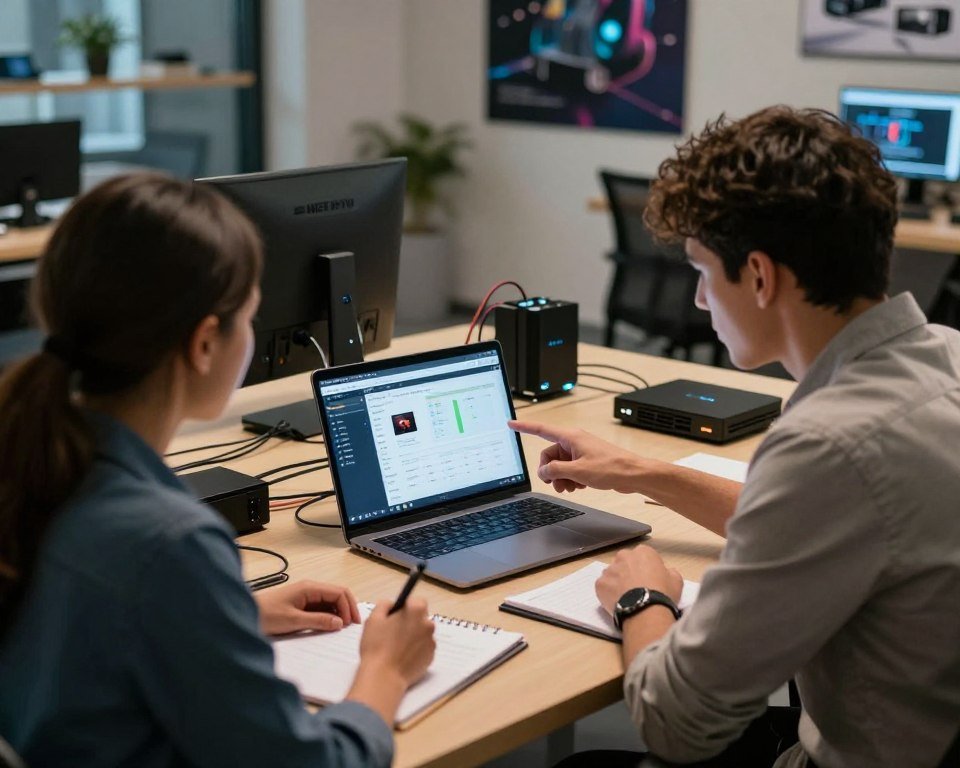 A professional troubleshooting scene focused on NET IPTV services. In the foreground, a diverse group of two individuals, a man and a woman, both dressed in smart casual attire, are engaged around a laptop displaying a NET IPTV interface, showing charts and device settings. The woman is pointing at the screen, suggesting a solution, while the man is taking notes on a notepad. In the middle ground, a cluttered table filled with various tech gadgets, cables, and an IPTV set-top box highlights the troubleshooting environment. The soft, ambient lighting enhances a calm yet professional atmosphere. In the background, a modern office space with blurred outlines of shelves and technology posters conveys a sense of innovation and support. The camera angle is slightly angled from above, focusing on the interaction at the table while maintaining a clear view of the laptop's screen.