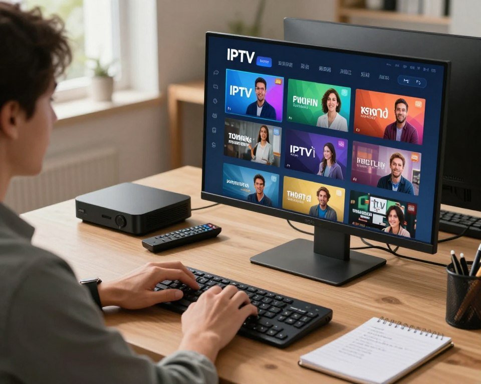 A professional workspace featuring a modern desktop setup displaying a vibrant IPTV interface on the screen, showcasing various channels and services. In the foreground, a person in business casual attire is actively using the computer, with a focus on their hands typing. The middle ground includes an organized desk with tech gadgets, such as a remote control and streaming device, alongside a notepad with written notes. The background reveals a well-lit room with sleek furniture and a warm, inviting color scheme. Soft natural light filters through a window, creating a productive and engaging atmosphere. The overall mood is energetic and focused, reflecting the reliability and accessibility of IPTV services.