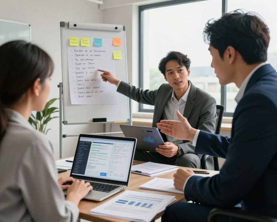 A professional workspace scene focused on analyzing feedback and reviews, featuring a diverse group of three individuals in business attire engaged in a discussion. In the foreground, a woman with a laptop open displays graphical data, while a man gestures towards a digital tablet filled with charts. The middle ground includes a whiteboard with sticky notes highlighting key points of feedback, and a coffee table with paperwork scattered about. In the background, a large window allows natural light to fill the room, creating a bright and motivating atmosphere. The overall mood is collaborative and analytical, emphasizing the importance of gathering and interpreting client insights into the Pandora IPTV service. The image captures a dynamic moment of insight sharing and teamwork.