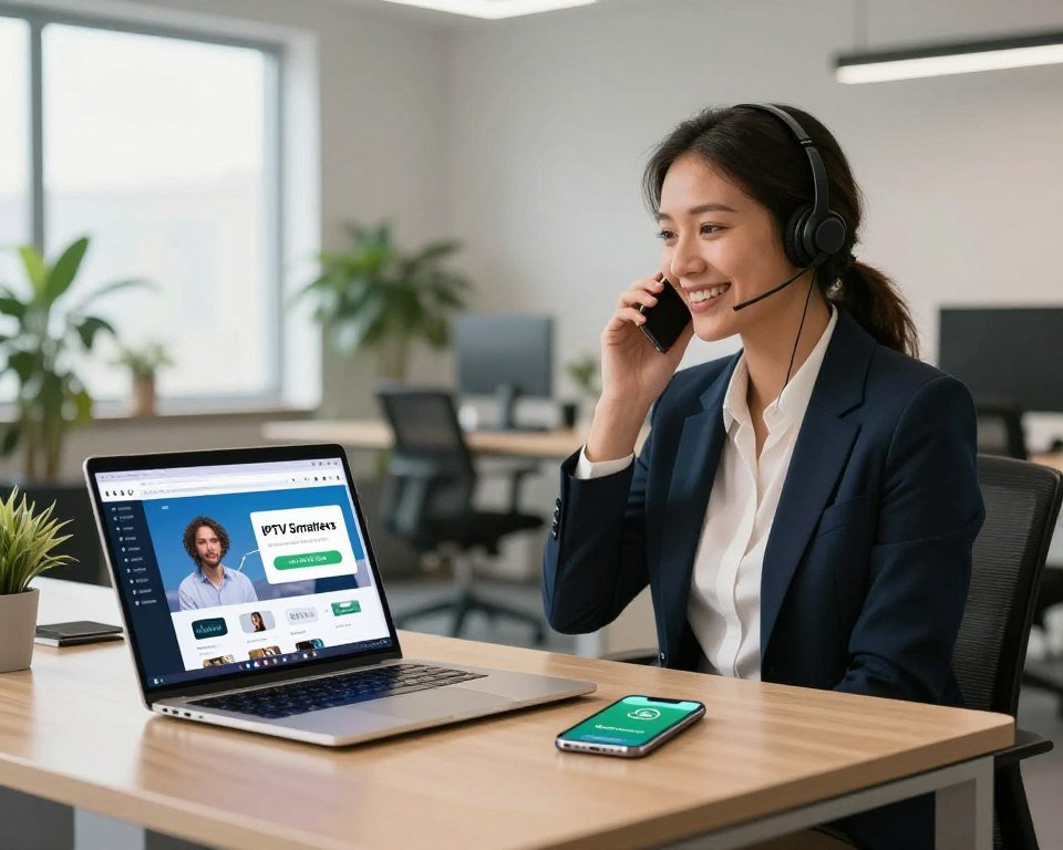 A professional workspace showcasing IPTV Smarters support and contact connection. In the foreground, a sleek and modern office desk with a laptop displaying the IPTV Smarters interface. A smartphone sits next to the laptop, showing a WhatsApp screen with the contact number +33 7 56 75 73 20 visible. In the middle ground, a friendly customer service representative in smart business attire is engaged in a phone conversation, exuding a welcoming demeanor. The background features a spacious, well-lit office environment with soft natural light streaming through large windows, plants adding a touch of green, and minimalistic decor. The atmosphere is warm and inviting, emphasizing ease of accessibility and support for IPTV Smarters users in the Netherlands. The image should convey professionalism and approachability without any text or logos.