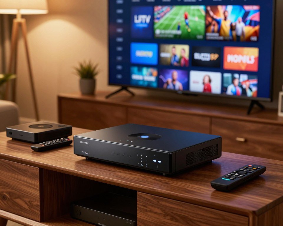 A realistic and detailed image of the Formuler Z11 Pro Max IPTV receiver, prominently displayed in the foreground atop an elegant wooden entertainment center. The receiver is sleek and modern, featuring a glossy black finish with subtle LED indicators. Surrounding it are various popular streaming devices and remote controls, creating a home entertainment setup. In the middle ground, a high-end television screen showcases vivid IPTV channel graphics, displaying a dynamic scene from a sports broadcast. In the background, a warm and inviting living room setting is visible, with soft lighting emanating from overhead fixtures, casting a cozy atmosphere. The overall mood is inviting and tech-savvy, appealing to viewers interested in the best IPTV solutions. The composition utilizes a slightly elevated angle, providing a comprehensive view of the setup without any text or branding.
