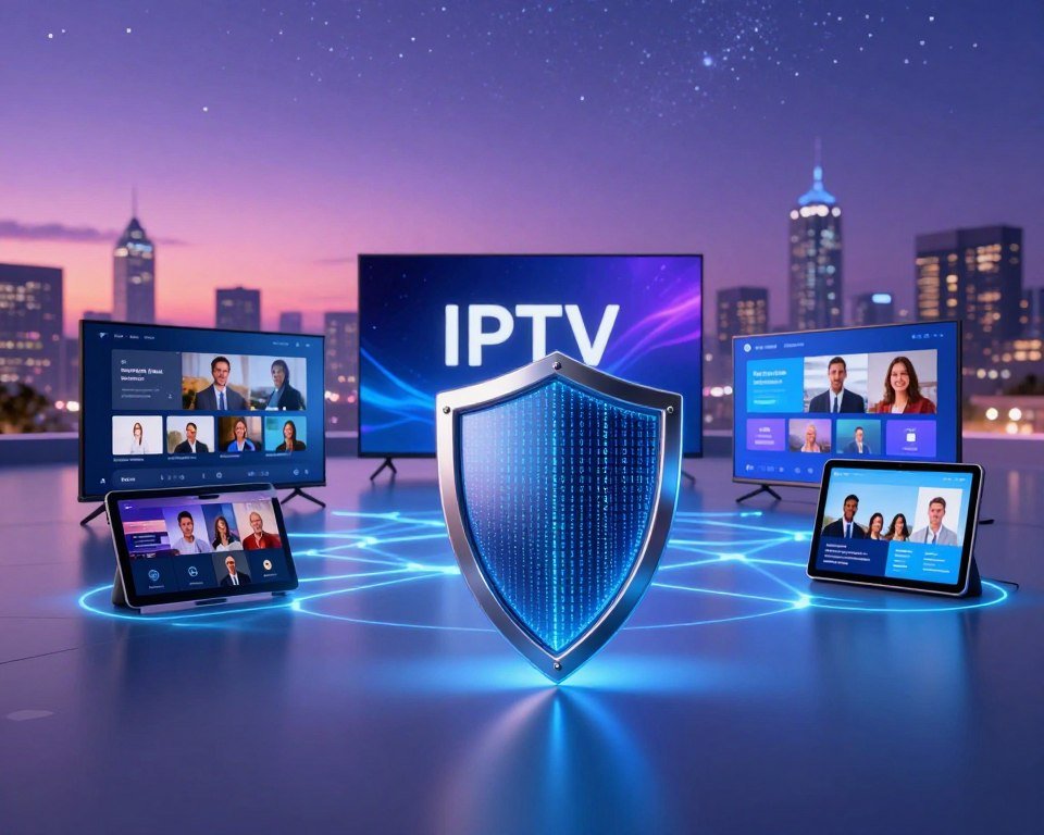 A secure and modern digital landscape representing IPTV safety and privacy. In the foreground, a sleek, high-tech shield symbol, gleaming with blue and silver hues, encapsulates binary code streams to signify data protection. The middle ground features a glowing network of connected devices such as smart TVs and tablets, showcasing user-friendly interfaces, all surrounded by soft, ethereal light to create a sense of safety. In the background, a vibrant city skyline at dusk, with soft purple and pink tones merging into a night sky filled with stars, conveys a feeling of security and trust in technology. The overall mood is calm yet confident, emphasizing the importance of privacy in the digital age.