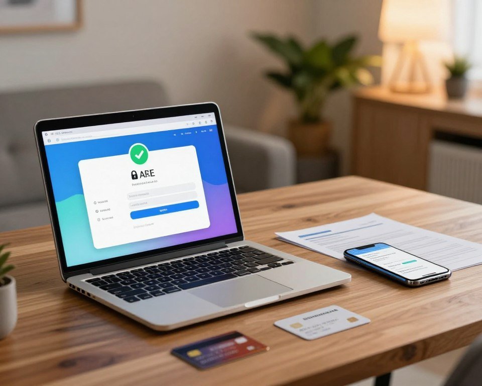 A secure online payment scene focused on a sleek laptop and a smartphone on a modern wooden desk. In the foreground, highlight the laptop screen displaying a vibrant, user-friendly payment interface with visible security icons like a padlock and green checkmark. Beside it, the smartphone shows a digital transaction confirmation message. In the middle, place business documents and a stylish credit card, symbolizing trust and professionalism. The background features a softly blurred home office setting with a plant and ambient lighting, creating a calm and safe atmosphere. Utilize warm lighting to enhance the inviting mood, with a shallow depth of field to draw attention to the payment devices. The overall tone should convey security, convenience, and modernity.