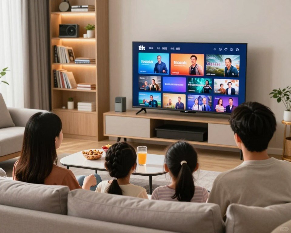 A serene and inviting living room setting showcasing a modern television displaying a colorful IPTV interface. In the foreground, a family of three, dressed in smart-casual clothing, enjoys watching a variety of shows together on the couch, radiating a sense of safety and enjoyment in entertainment. The middle ground includes a stylish coffee table adorned with snacks and drinks, enhancing the relaxed ambiance. In the background, a soft-lit bookshelf with neatly organized media and technology decor evokes a sense of comfort and reliability in digital choices. Warm, natural lighting illuminates the scene, creating an inviting atmosphere, with a focus on the cozy interaction among family members, symbolizing safe and legal IPTV usage.