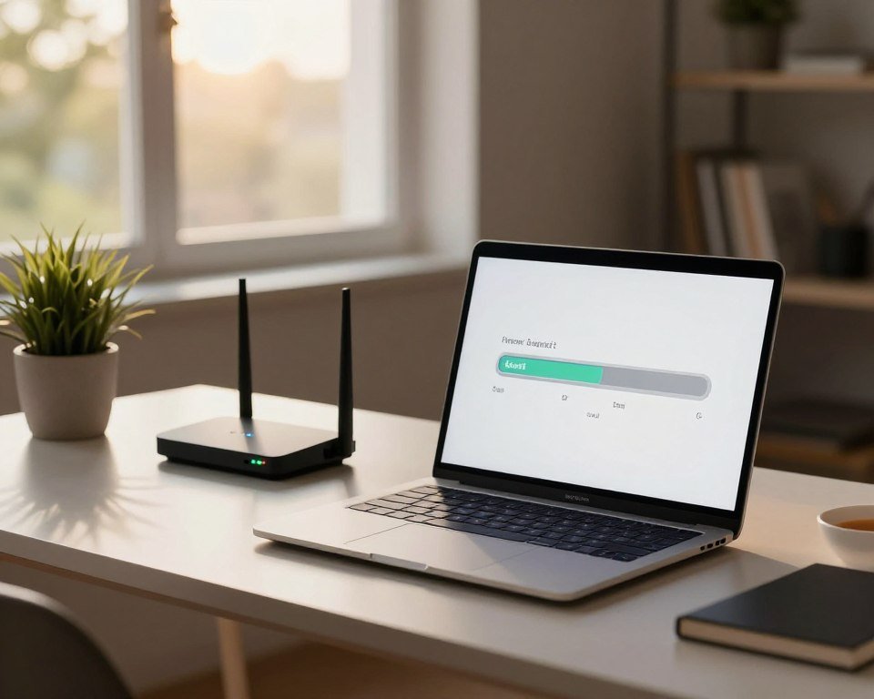A serene home office environment demonstrating a stable internet connection in a modern setting. In the foreground, a sleek laptop with a clear screen displays a progress bar indicating strong signal strength, accompanied by a high-quality Wi-Fi router with LED lights glowing steadily. In the middle ground, a minimalist desk with stylish stationery and a potted plant exudes professionalism. In the background, large windows allow warm, natural light to filter in, casting gentle shadows across the space. The overall mood is calm and focused, emphasizing reliability and efficiency, capturing the essence of seamless streaming and connectivity. The image should be taken from a slight angle, showcasing depth while maintaining clarity throughout the composition.