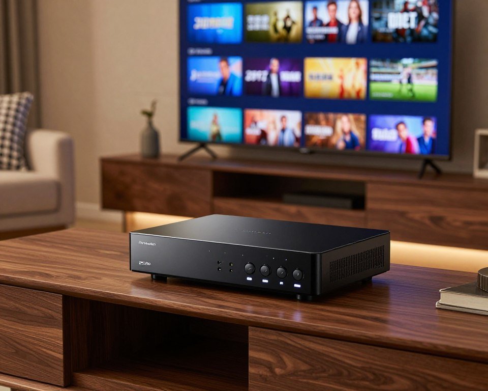 A sleek Formuler Z11 Pro IPTV receiver placed prominently on a modern wooden entertainment center. The receiver features a glossy black finish with illuminated buttons and ports visible on the front. In the background, a large flat-screen TV displays vibrant channels, showcasing various IPTV content like movies and sports. Soft, ambient lighting bathes the room, enhancing the elegant atmosphere and highlighting the device's design. A cozy sofa with decorative cushions is visible, inviting viewers to experience the IPTV setup. The scene is captured from a slightly elevated angle focusing on the receiver in the foreground, establishing a sense of sophistication and cutting-edge technology in a home entertainment setting.