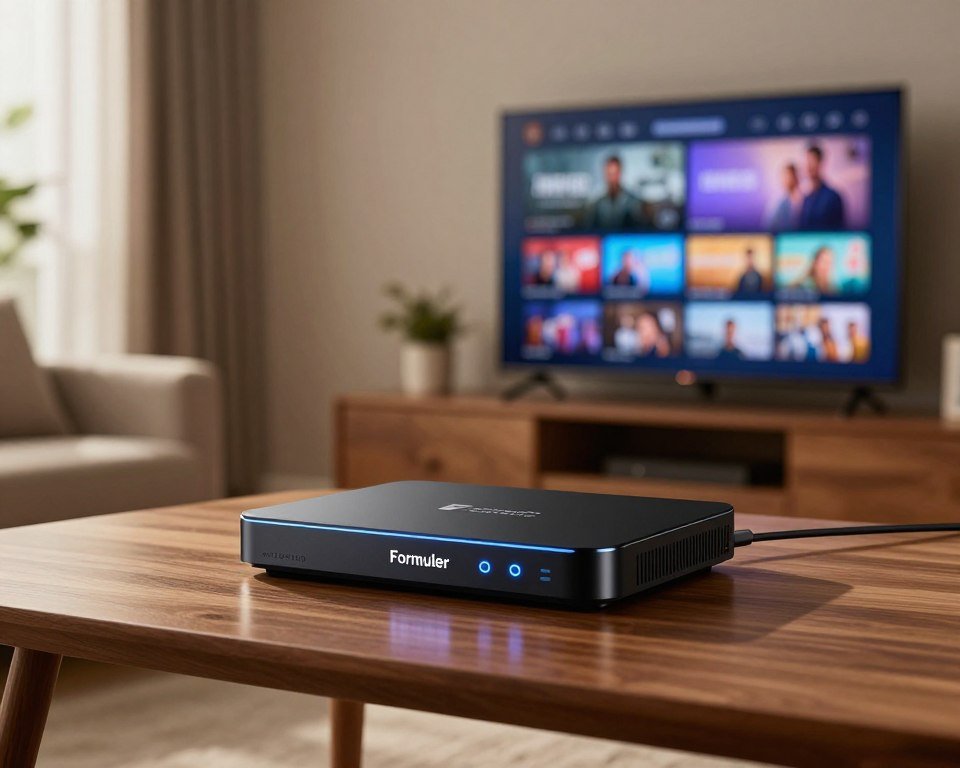 A sleek and modern Formuler Z12 Ultra IPTV box, prominently displayed in the foreground, showing off its smooth black surface and illuminated interface. The device is set on a stylish wooden table surrounded by a contemporary living room with soft, ambient lighting. In the background, a high-definition television is mounted on the wall, showcasing vibrant IPTV content. Natural light filters in through a nearby window, casting gentle reflections off the device. The composition highlights the premium feel of the Formuler Z12 Ultra, emphasizing its status as a top-tier model in IPTV technology. The scene conveys a cozy and inviting atmosphere, perfect for entertainment enthusiasts.