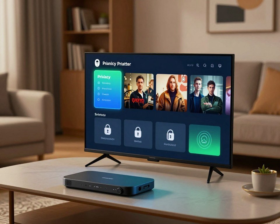 A sleek and modern IPTV Smart Player interface illuminated by soft blue and green ambient lighting, highlighting various media icons related to privacy and security. The foreground features the player on a stylish coffee table with its screen displaying a user-friendly layout that emphasizes privacy settings. In the middle, a cozy living room setting with comfortable furniture and subtle decor creates an inviting atmosphere. The background includes a stylish bookshelf and minimalist artwork, adding depth without distraction. The overall mood is warm and secure, illustrating a safe space for enjoying favorite shows. The scene is captured with a slight angle from above, using a soft focus to enhance the tranquility and focus on the media player.