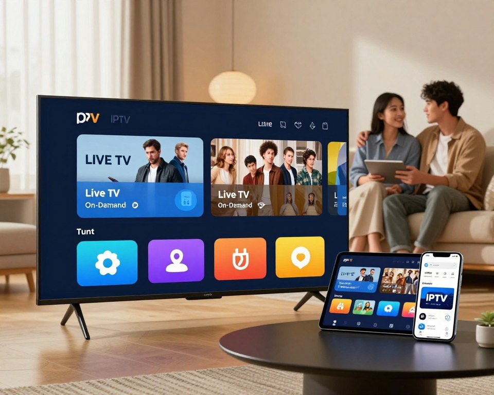 A sleek and modern IPTV app interface displayed on multiple devices, including a large smart TV, tablet, and smartphone. The foreground features vibrant icons representing key IPTV functionalities such as Live TV, On-Demand, and Favorites, designed in a user-friendly layout. The middle background showcases a cozy living room setting with a stylish coffee table, soft lighting casting a warm glow, and a couple of individuals in smart casual attire contemplating their viewing options. In the far background, light streaming through a window enhances the inviting atmosphere. The image should evoke a sense of convenience and enjoyment with technology, emphasizing the ease of access to diverse channels and content.