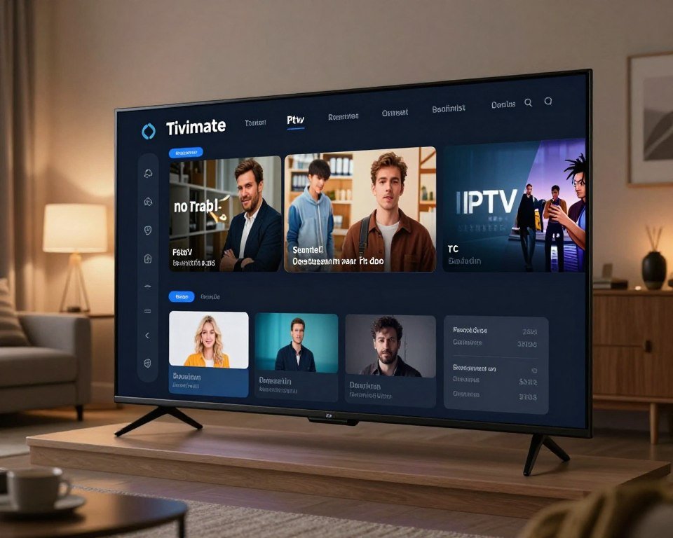 A sleek and modern IPTV interface displayed on a high-definition television screen. The foreground features a stylized representation of advanced TV functions, including an intuitive channel guide, customizable playlists, and streamlined navigation menus. The middle layer shows a cozy living room setting with comfortable seating and ambient lighting, evoking a relaxing atmosphere for watching TV. In the background, soft light glows, enhancing the high-tech feel of the environment. The scene is captured with a slight angle, as if the viewer is seated on the couch, providing an immersive perspective. The mood is inviting and sophisticated, reflecting the ease of use and benefits of the Tivimate IPTV player.