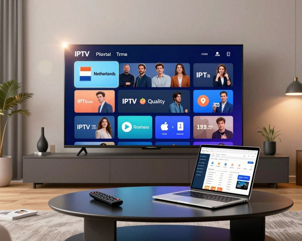 A sleek and modern comparison chart showcasing various IPTV services in the Netherlands, set against a contemporary living room environment. In the foreground, a large flat-screen TV displays vibrant visuals from different IPTV platforms, with icons representing features like channels, streaming quality, and pricing. In the middle ground, a stylish coffee table holds a remote control and a laptop open to a browser page comparing these services. The background features minimalist decor and soft lighting, creating a warm and inviting atmosphere. A subtle lens flare effect enhances the brightness of the TV screen, giving the image a dynamic and modern feel, conveying the excitement of the IPTV experience.
