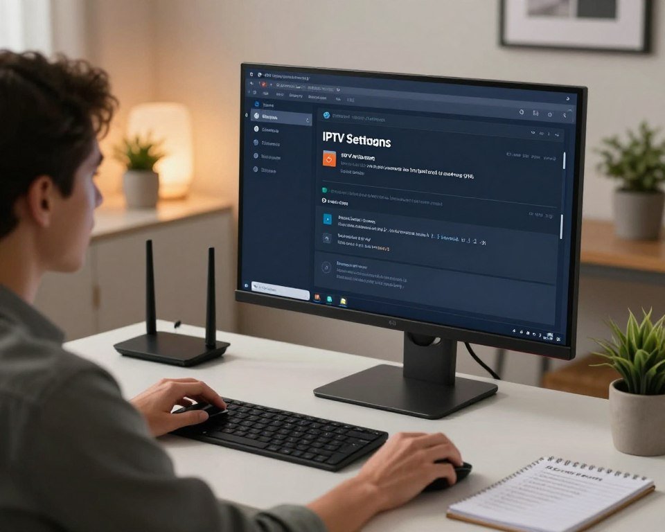 A sleek and modern home office setting with a focus on a large computer screen displaying a detailed IPTV settings interface, emphasizing optimal EPG buffering options. In the foreground, a professional individual in smart casual attire is thoughtfully adjusting settings with a mouse, reflecting a focus on technology. The middle ground showcases a stylish desk with a wireless router and a notepad filled with tips for configuration. In the background, soft ambient lighting creates a calming atmosphere, enhanced by a few potted plants for a touch of warmth. The image should be captured with a slight angle to convey depth, using a soft focus to keep the emphasis on the screen and the individual’s engagement with the technology.