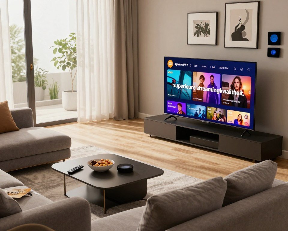 A sleek and modern living room setting, featuring a high-definition television displaying colorful, vibrant IPTV content, symbolizing "superieure streamingkwaliteit." The foreground showcases a stylish coffee table with a remote control and snacks, while a comfortable sofa occupies the middle ground, oriented towards the screen. Beyond the sofa, large windows with soft natural light streaming in create a warm and inviting atmosphere. The background includes a tastefully decorated wall with framed art and smart home devices, adding a contemporary touch. Soft shadows and highlights emphasize the cozy ambiance, while a slight angle from above captures the entirety of this inviting space, giving a sense of relaxation and enjoyment while streaming high-quality content. The mood is friendly and accessible, perfect for illustrating the topic of premium IPTV services.