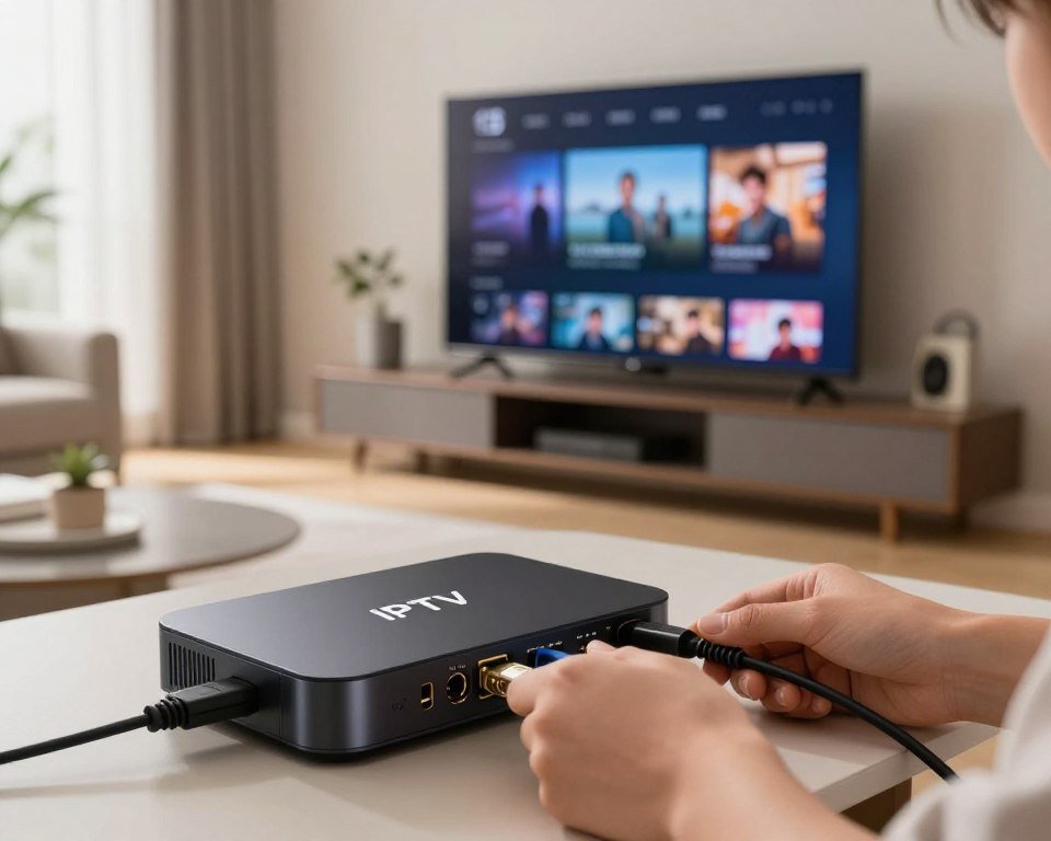 A sleek and modern living room setup showcasing the installation steps of an IPTV stream player. In the foreground, a close-up view of a technician's hands connecting cables to the IPTV device, highlighting the devices' ports and connections in detail. In the middle ground, a stylish television displaying a user-friendly interface of the IPTV player. In the background, soft natural light filters in through a window, casting a warm and inviting ambiance throughout the room. The scene conveys a sense of professionalism and ease, illustrating the installation process for viewers. Use a wide-angle lens perspective to capture the entire setup, enhancing the clarity and focus on each element involved in the installation.