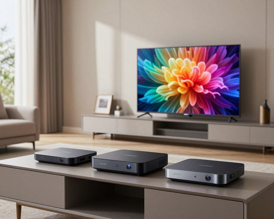 A sleek and modern living room showcasing high-end IPTV boxes prominently displayed on a stylish media console. In the foreground, there are three different IPTV models, each with elegant designs and distinctive features like LED indicators and sleek finishes. The middle ground features a large flat-screen TV displaying vibrant color images, creating an engaging focal point. The background reveals a cozy ambiance with soft natural lighting streaming through large windows, casting gentle shadows and highlighting the sophistication of the space. A neutral color palette adds to the clean, contemporary atmosphere, promoting a sense of premium quality and advanced technology. The scene is inviting and represents performance and innovation in home entertainment, captured with a slight angle to emphasize depth and perspective.