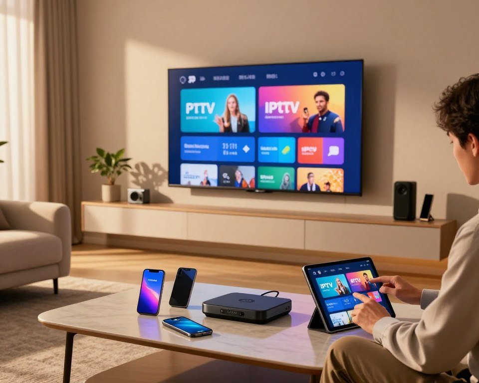 A sleek and modern living room with a large flat-screen TV mounted on the wall, showcasing vibrant IPTV app interfaces. In the foreground, a stylish coffee table holds various devices like smartphones, tablets, and a streaming box, all compatible with the IPTV service. To the side, a person in business casual attire is interacting with a tablet, demonstrating user experience. The middle ground features a cozy sofa and a subtle play of ambient lighting with a warm glow, creating an inviting atmosphere. Soft shadows suggest it's late afternoon, with sunlight filtering through sheer curtains. The background captures a minimalist decor with a potted plant and shelves holding tech gadgets, emphasizing device compatibility and modern technology usage.