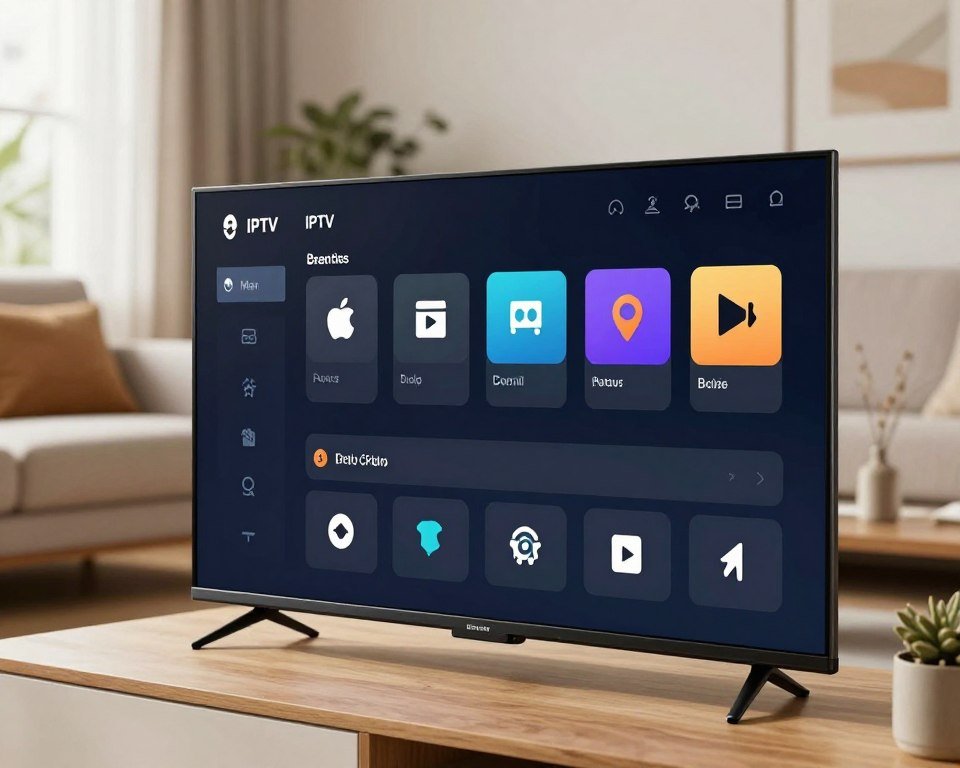A sleek and user-friendly interface for an IPTV player settings menu, prominently displayed on a digital device screen, such as a tablet or a modern smart TV. In the foreground, the settings menu appears vibrant and intuitive, showcasing icons for various functionalities like channel selection, parental controls, and playback options. The middle ground features a soft-lit living room environment, with a cozy couch and modern decor, creating a welcoming atmosphere. In the background, there are subtle hints of a window with natural light streaming in, enhancing the overall ambiance. The image captures a sense of ease and accessibility, with bright, but not overpowering colors. The lighting is warm and inviting, designed to evoke a feeling of comfort while using the IPTV player. No text or logos are present.