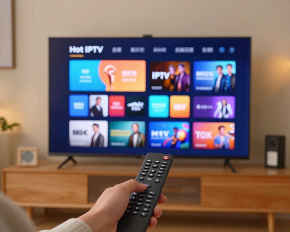 A sleek digital interface showcasing the "Hot IPTV" app features on a modern smart TV screen. In the foreground, the user interacts with a vibrant remote control, their hand reaching out to select channels. The middle ground features a well-organized home screen filled with colorful app icons representing various TV channels, highlighting user-friendly navigation and content categories like movies, sports, and live TV. The background shows a cozy living room setting, softly illuminated by warm lighting to convey a welcoming atmosphere. The composition should convey a sense of excitement and convenience, emphasizing the innovative technology of streaming services. Use a wide-angle lens perspective to capture the full room's ambiance, ensuring a polished and professional feel.