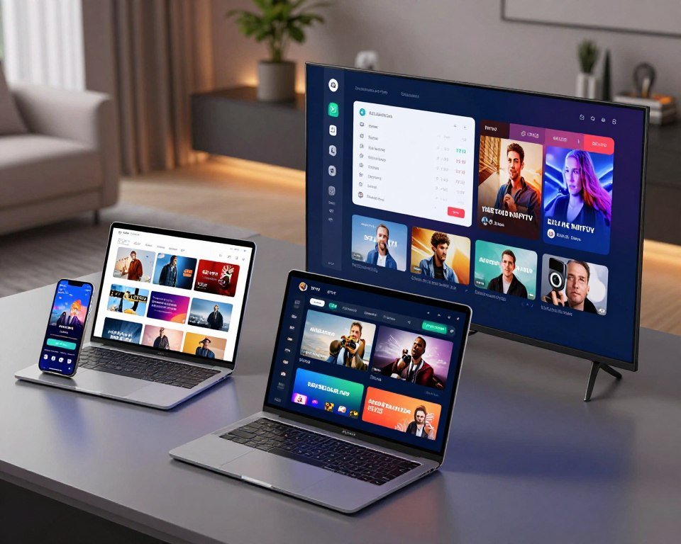 A sleek digital workspace featuring various IPTV app interfaces displayed on multiple modern devices such as a smartphone, tablet, and a smart TV. The foreground shows the devices with high-resolution screens showcasing vibrant, user-friendly IPTV interfaces with trending shows and channels. In the middle, a comparison chart can be faintly seen, illustrating key features and ratings of Set IPTV versus other popular IPTV apps, layered subtly to maintain focus on the devices. The background features a stylish home environment with soft ambient lighting, evoking a cozy and inviting atmosphere for streaming. The angle captures the devices from a slight overhead perspective, emphasizing their sleekness and modernity. The overall mood is professional yet accessible, inviting viewers to explore IPTV options.