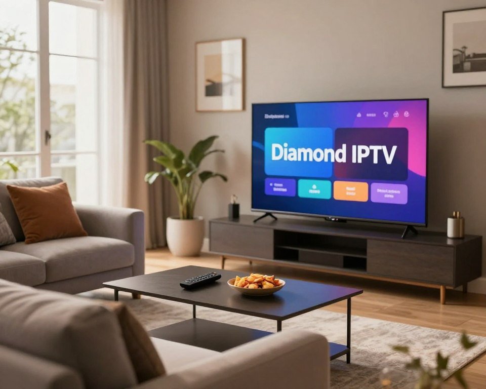A sleek living room with a modern flat-screen TV displaying vibrant, high-definition content from Diamond IPTV. In the foreground, a comfortable sofa with a plush texture and stylish cushions. In the middle, a coffee table elegantly arranged with a remote control and snacks, creating a cozy atmosphere. In the background, large windows letting in soft, natural light, enhancing the warm ambiance of the room. The walls adorned with subtle art pieces, promoting a chic yet inviting vibe. The overall mood is relaxed and sophisticated, showcasing the benefits of high-quality IPTV services. The scene should be captured with a shallow depth of field, focusing on the TV while gently blurring the background, creating an appealing and intimate setting.