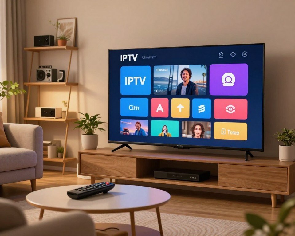 A sleek, modern IPTV app interface displayed on a large flat-screen TV in a cozy living room setting. The foreground features a close-up view of a user-friendly navigation menu with large, vibrant icons for various channels and settings. In the middle, a comfortable sofa and stylish coffee table create an inviting atmosphere, with a remote control resting on the table. Soft, ambient lighting casts a warm glow throughout the room, enhancing the sense of ease and comfort. The background showcases shelves with tech gadgets and plants, subtly emphasizing a contemporary home environment. The overall mood is relaxed and user-friendly, reflecting a seamless IPTV experience.