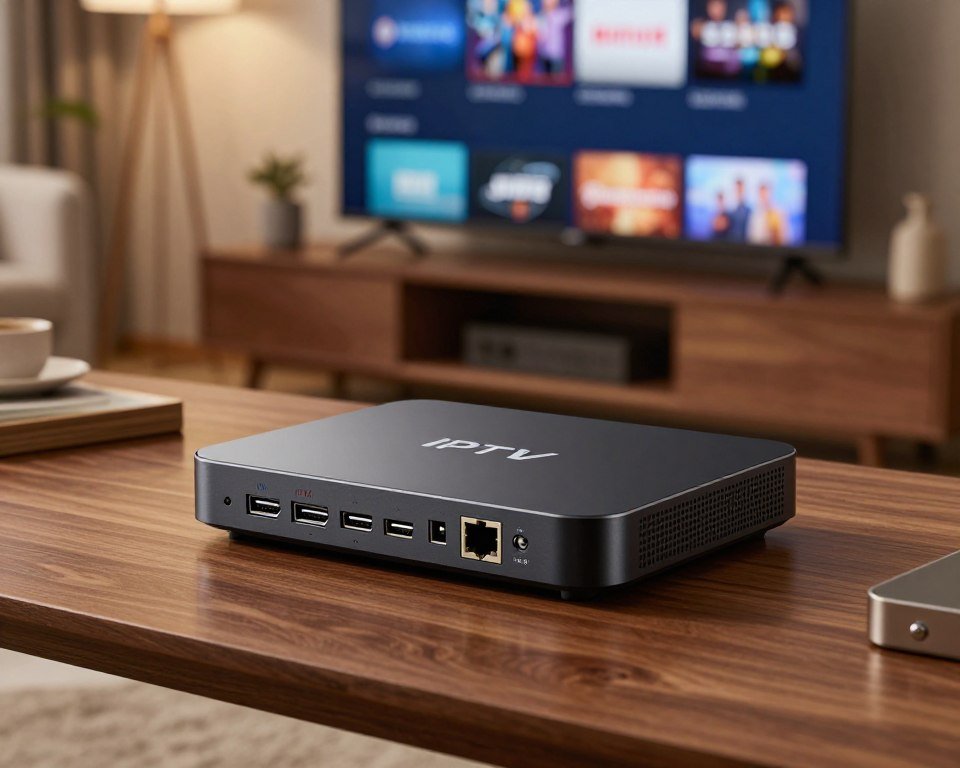 A sleek, modern IPTV box with visible hardware specifications displayed on its surface, placed prominently in the foreground on a stylish wooden table. The device features HDMI ports, USB connections, and Ethernet sockets, with a few technical components like a cooling fan slightly exposed. In the middle ground, a high-resolution television screen shows an interface with streaming options, while a cozy living room setting surrounds it, complete with soft lighting and comfortable furniture. The atmosphere exudes a sense of advanced technology and home comfort. The perspective is slightly elevated, capturing the IPTV box from a three-quarter angle, highlighting its design and connectivity features. Soft warm lighting creates an inviting ambiance, emphasizing the modern technological appeal of the IPTV setup.