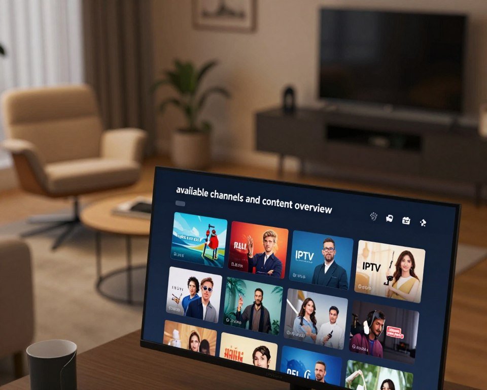 A sleek, modern digital interface displaying "available channels and content overview" for an IPTV service. In the foreground, a computer screen shows the interface with various channel icons and colorful content thumbnails laid out in a grid formation. The middle ground features a stylish home office environment, including a comfortable chair and a small coffee table, suggesting a relaxed viewing atmosphere. The background has a softly lit living room with a subtle hint of a large television screen, indicating the usage of the IPTV service. The lighting is warm and inviting, creating a cozy mood. Use a 35mm lens perspective to capture the entire scene with clarity and depth, emphasizing modern technology and user-friendly design.