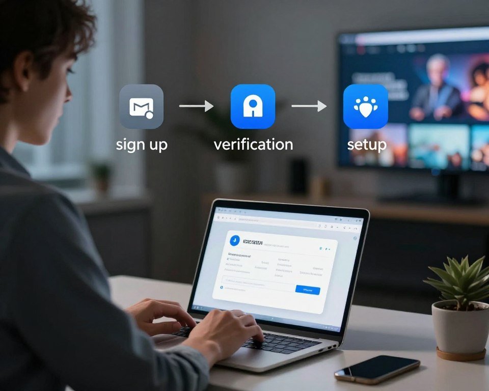 A sleek, modern digital workspace depicting the steps for account activation for an IPTV service. In the foreground, a person in business casual attire is seated at a stylish desk, intently navigating a laptop displaying a user-friendly account activation interface. The middle layer includes icons or visual cues representing each step of account activation, such as "sign up," "verification," and "setup," all in an intuitive flow. The background features soft, ambient lighting with subtle hints of technology, like wall-mounted screens showing IPTV content. The atmosphere is focused and professional, highlighting clarity and ease of use, ideal for a tech-savvy audience. The scene is well-composed with a shallow depth of field, drawing attention to the interaction between the user and the device, ensuring a clean, distraction-free visual without any text or overlays.
